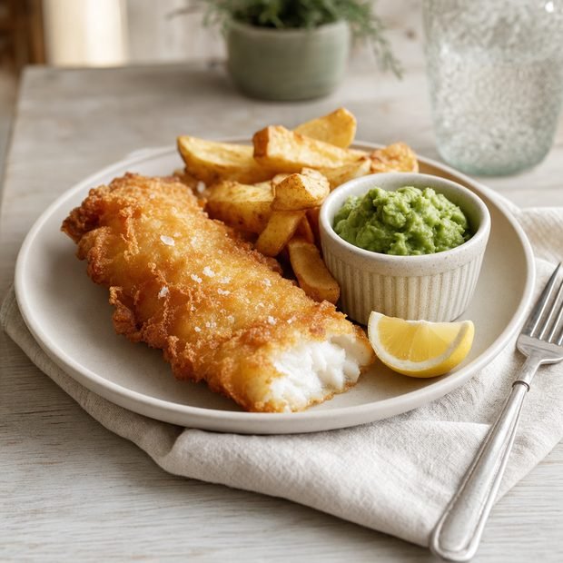 Air fryer cod and chips with mushy peas
