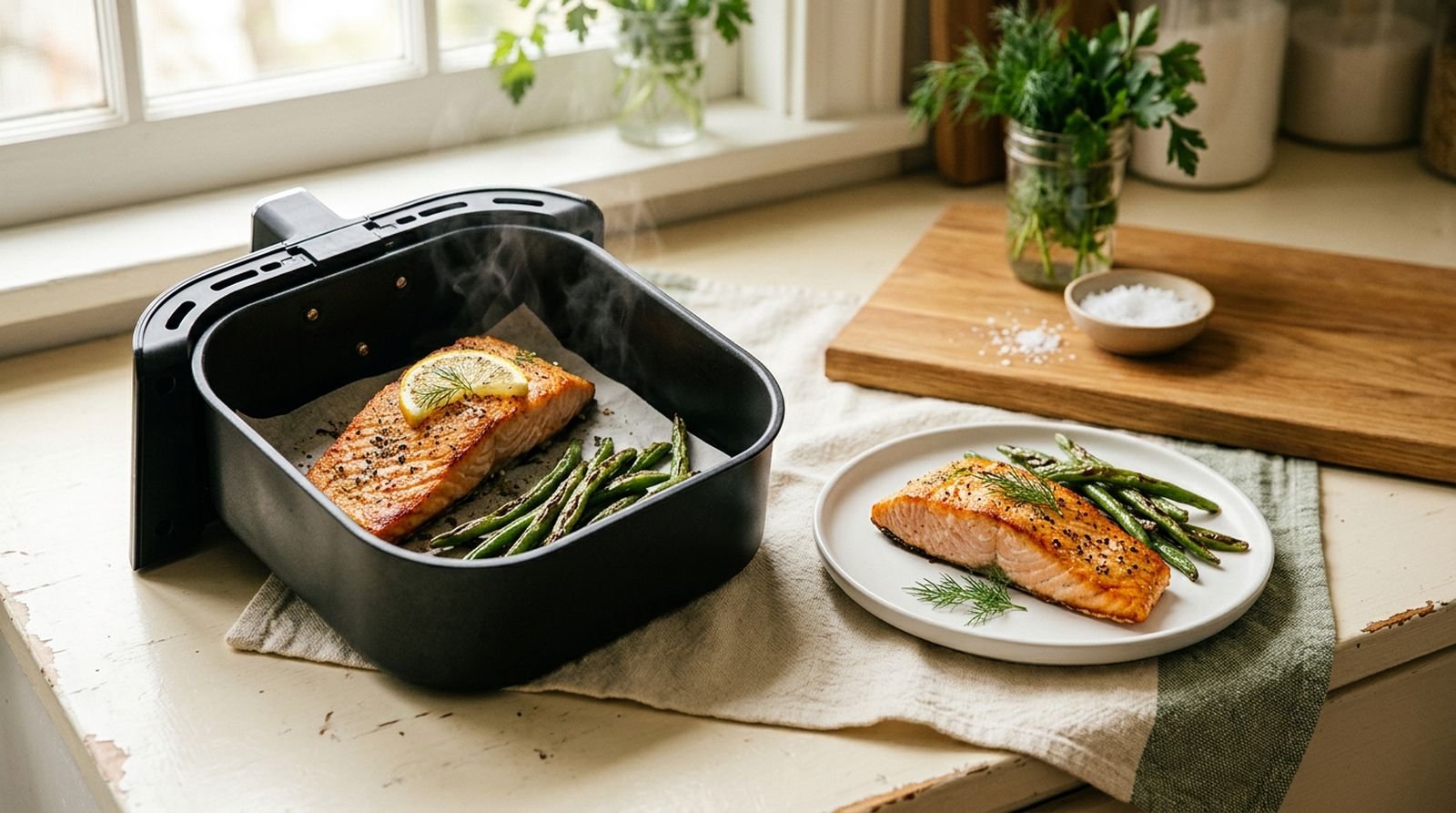 Air fryer salmon with green beans